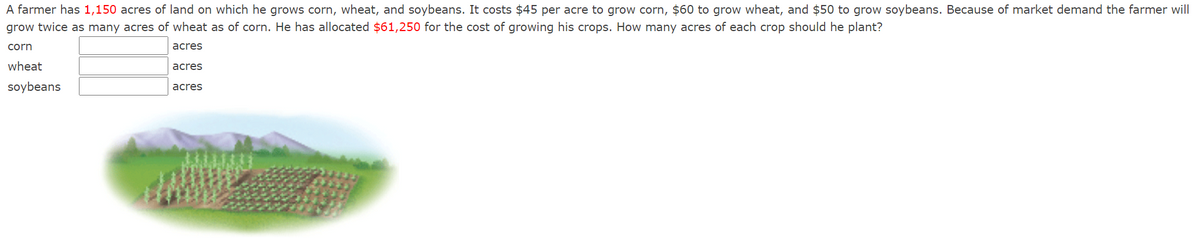 A farmer has 1,150 acres of land on which he grows corn, wheat, and soybeans. It costs $45 per acre to grow corn, $60 to grow wheat, and $50 to grow soybeans. Because of market demand the farmer will
grow twice as many acres of wheat as of corn. He has allocated $61,250 for the cost of growing his crops. How many acres of each crop should he plant?
corn
acres
wheat
acres
soybeans
acres
