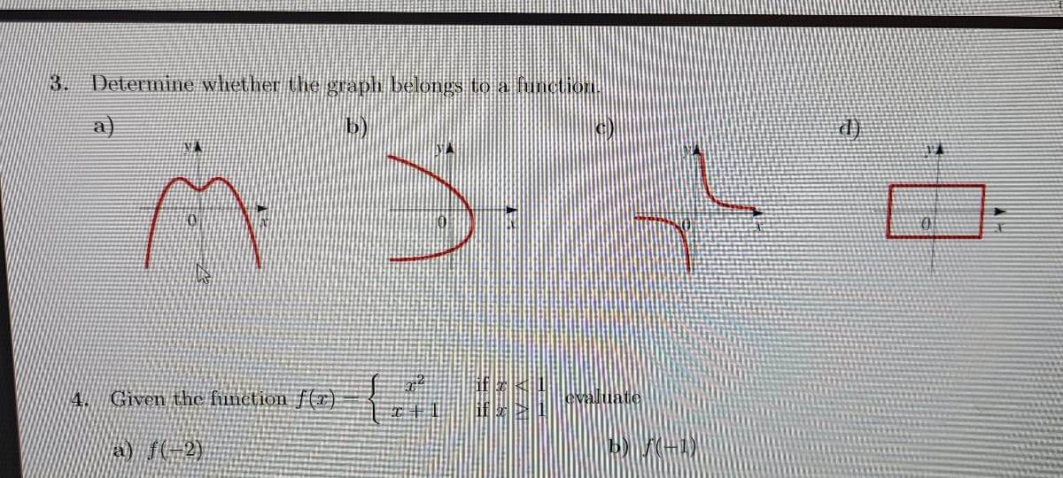 3.
Determine whether the graph belongs to a furction,
a)
b)
团)
NA
4. Given the function f(r) -
a) f(-2)
