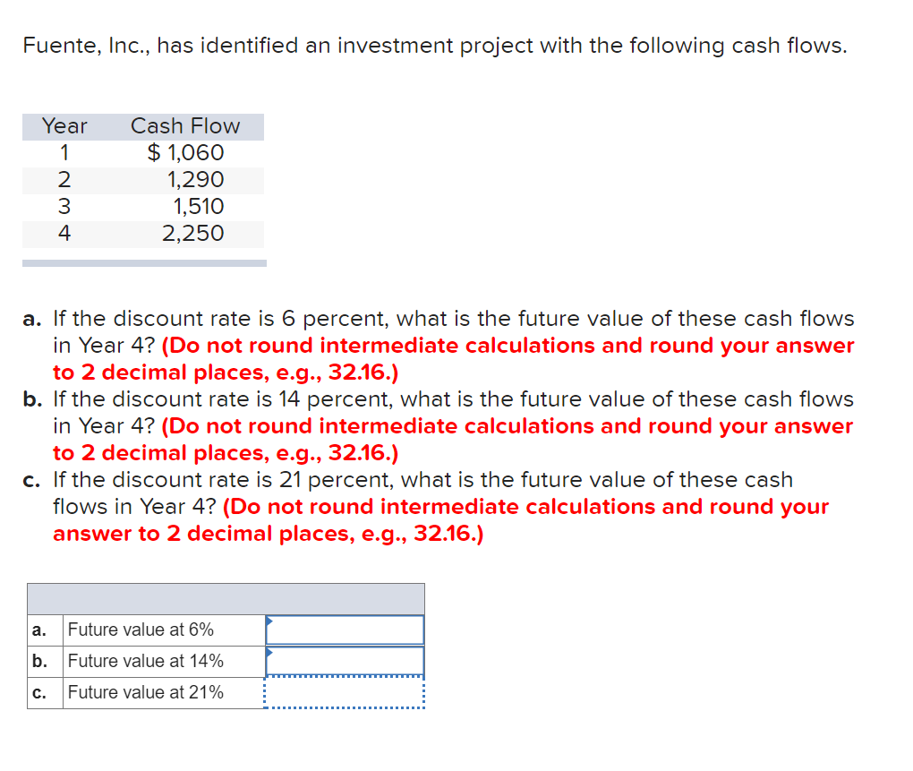 Fuente, Inc., has identified an investment project with the following cash flows.
Year
Cash Flow
$ 1,060
1,290
1,510
2,250
1
3
4
a. If the discount rate is 6 percent, what is the future value of these cash flows
in Year 4? (Do not round intermediate calculations and round your answer
to 2 decimal places, e.g., 32.16.)
b. If the discount rate is 14 percent, what is the future value of these cash flows
in Year 4? (Do not round intermediate calculations and round your answer
to 2 decimal places, e.g., 32.16.)
c. If the discount rate is 21 percent, what is the future value of these cash
flows in Year 4? (Do not round intermediate calculations and round your
answer to 2 decimal places, e.g., 32.16.)
а.
Future value at 6%
b.
Future value at 14%
с.
Future value at 21%
