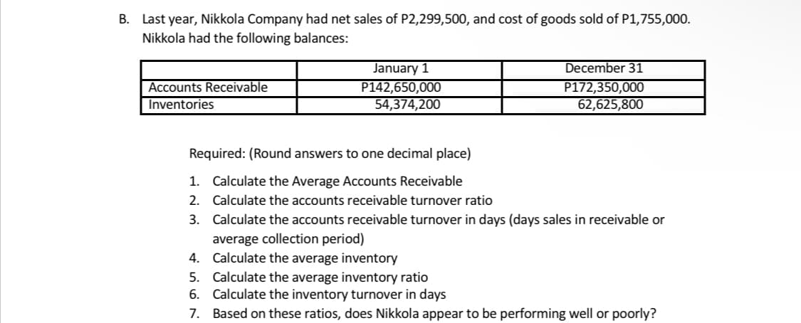 B. Last year, Nikkola Company had net sales of P2,299,500, and cost of goods sold of P1,755,000.
Nikkola had the following balances:
Accounts Receivable
Inventories
January 1
P142,650,000
54,374,200
December 31
P172,350,000
62,625,800
Required: (Round answers to one decimal place)
1. Calculate the Average Accounts Receivable
2. Calculate the accounts receivable turnover ratio
3. Calculate the accounts receivable turnover in days (days sales in receivable or
average collection period)
4. Calculate the average inventory
5. Calculate the average inventory ratio
6. Calculate the inventory turnover in days
7. Based on these ratios, does Nikkola appear to be performing well or poorly?
