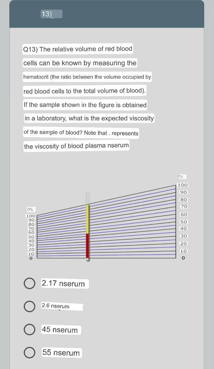 13)
Q13) The relative volume of red blood
cells can be known by measuring the
hematocrit (the ratio between the volume occupied by
red blood cells to the total volume of blood).
If the sample shown in the figure is obtained
in a laboratory, what is the expected viscosity
of the sample of blood? Note that represents
the viscosity of blood plasma nserum
0%
100
90
80
70
60
50
40
30
20
10
0
2.17 nserum
2.6 nserum
45 nserum
55 nserum
%
100
90
80
70
60
50
40
30
10