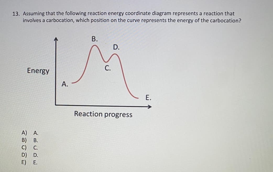 13. Assuming that the following reaction energy coordinate diagram represents a reaction that
involves a carbocation, which position on the curve represents the energy of the carbocation?
D.
С.
Energy
А.
Е.
Reaction progress
A)
B)
C)
D) D.
E)
A.
В.
С.
E.
B.
