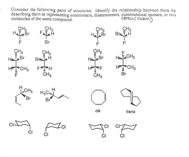 Consider the following pairs of structures. Identify the relationship between them by
describing them as representing enantiomers, diastereomers, constitutional isomers, or two
molecules of the same compound.
(STRUCTURAL)
CH₂
H Br
F
CH3
H Br
H CH3
натисна
H
I
CH3
FAH
Br
CH3
BH
FH
CH3
CH3 H₂C
Br
Br
CI CI
H
za
CH3
HBr
-LL
F
CH3
HBr
HIF
CH3
cis
CH3
Br H
F
H₂CH₂
H CH3
Br
trans
이성
CI