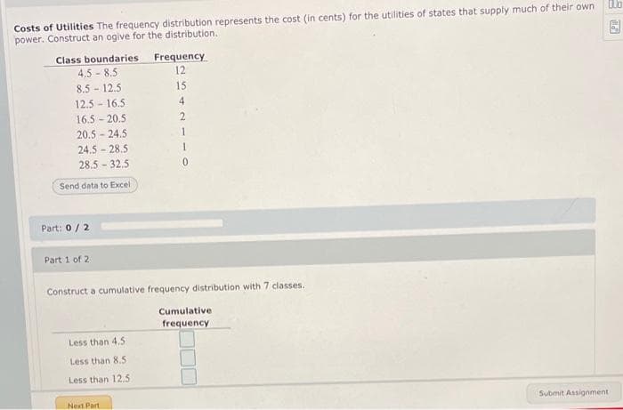 Costs of Utilities The frequency distribution represents the cost (in cents) for the utilities of states that supply much of their own
power. Construct an ogive for the distribution.
Frequency
12
Class boundaries
4,5 - 8.5
8.5 - 12.5
15
12.5 - 16.5
4
16.5 - 20.5
2.
20.5 - 24.5
24.5 - 28.5
1
28.5 - 32.5
Send data to Excel
Part: 0/ 2
Part 1 of 2
Construct a cumulative frequency distribution with 7 classes.
Cumulative
frequency
Less than 4.5
Less than 8.5
Less than 12,5
Next Part
Submit Assignment
