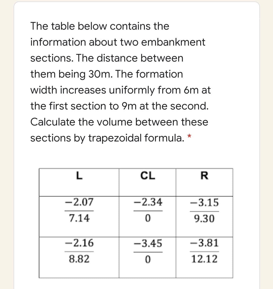 The table below contains the
information about two embankment
sections. The distance between
them being 30m. The formation
width increases uniformly from óm at
the first section to 9m at the second.
Calculate the volume between these
sections by trapezoidal formula.
L
CL
R
-2.07
-2.34
-3.15
7.14
9.30
-2.16
-3.45
-3.81
8.82
12.12
