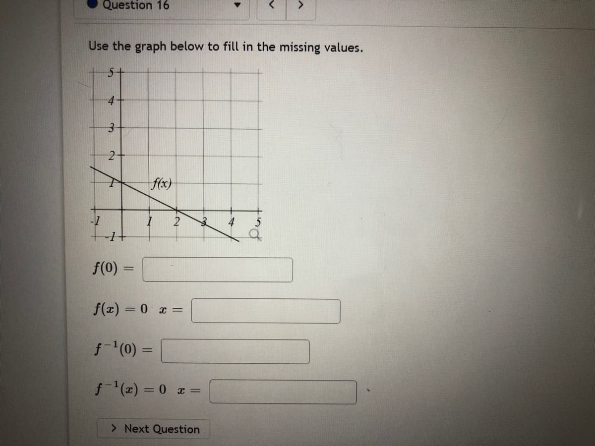 Question 16
Use the graph below to fill in the missing values.
5-
3-
2+
f(x}
-1
2
4
f(0) =
f(x) = 0 x =
f(0) =
f(x) = 0 x =
> Next Question
nt
