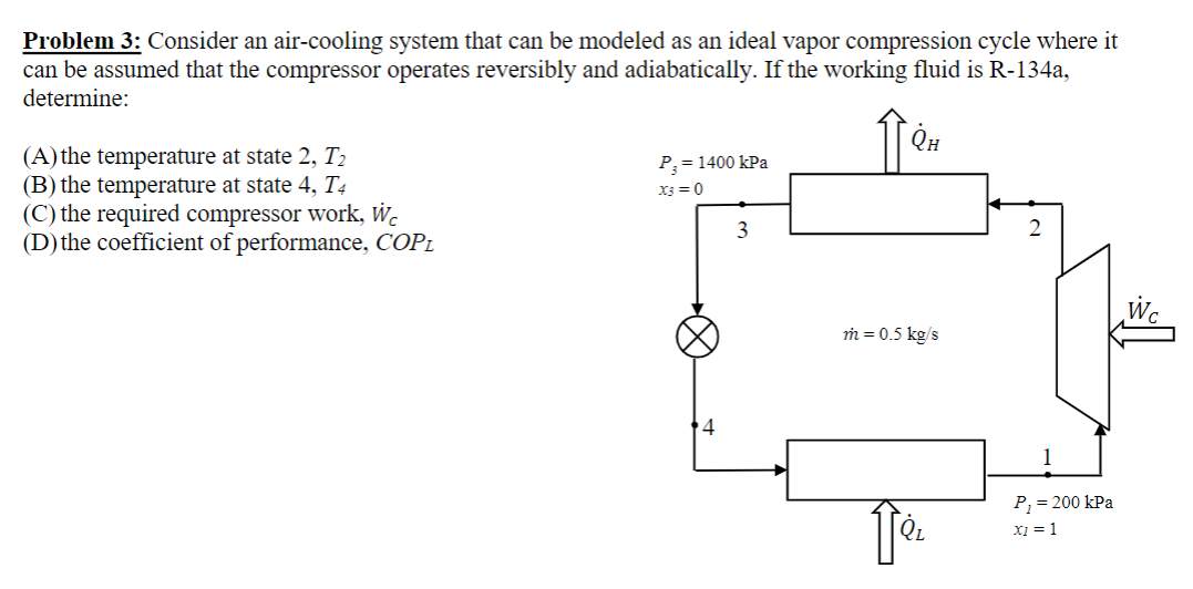 Problem 3: Consider an air-cooling system that can be modeled as an ideal vapor compression cycle where it
can be assumed that the compressor operates reversibly and adiabatically. If the working fluid is R-134a,
determine:
(A)the temperature at state 2, T2
(B) the temperature at state 4, T4
(C) the required compressor work, wc
(D) the coefficient of performance, COP1
P= 1400 kPa
X3 = 0
3
2
m = 0.5 kg/s
P; = 200 kPa
X1 = 1
