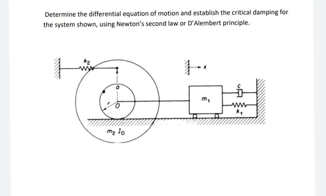 Determine the differential equation of motion and establish the critical damping for
the system shown, using Newton's second law or D'Alembert principle.
k2
ww
m,
m2 Io
