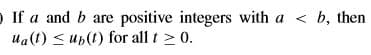 O If a and b are positive integers with a < b, then
ua(1) < up(1) for all t 0.
