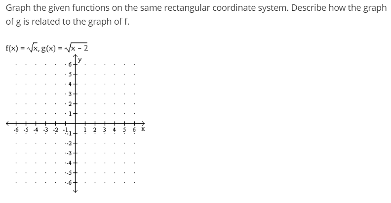 Graph the given functions on the same rectangular coordinate system. Describe how the graph
of g is related to the graph of f.
f(x) = x, g(x) = x - 2
4
3
+
2 3 4
-2
.-3
