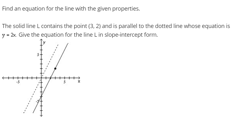 Find an equation for the line with the given properties.
The solid line L contains the point (3, 2) and is parallel to the dotted line whose equation is
y = 2x. Give the equation for the line L in slope-intercept form.
-5
