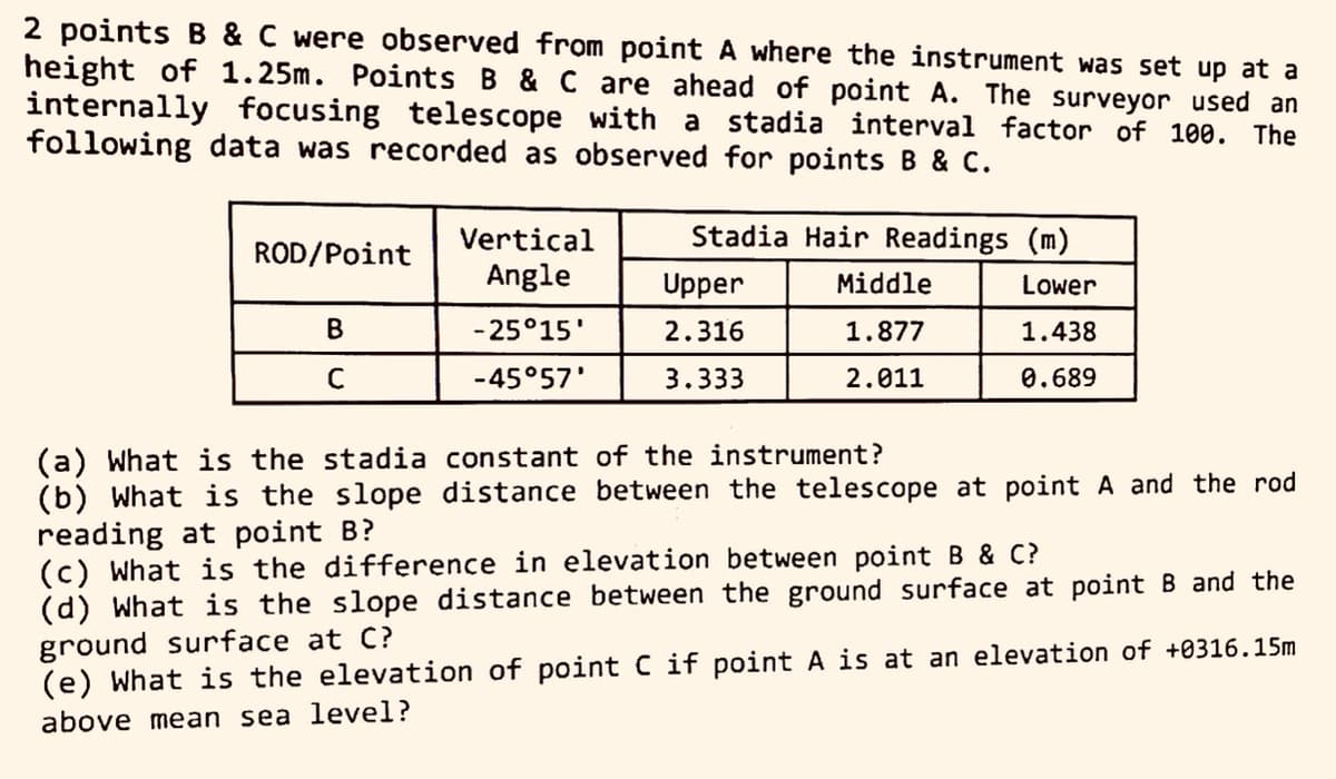 2 points B & C were observed from point A where the instrument was set up at a
height of 1.25m. Points B & C are ahead of point A. The surveyor used an
internally focusing telescope with a stadia interval factor of 100. The
following data was recorded as observed for points B & C.
Vertical
Stadia Hair Readings (m)
ROD/Point
Angle
Upper
Middle
Lower
В
-25°15'
2.316
1.877
1.438
-45°57'
3.333
2.011
0.689
(a) What is the stadia constant of the instrument?
(b) What is the slope distance between the telescope at point A and the rod
reading at point B?
(c) What is the difference in elevation between point B & C?
(d) what is the slope distance between the ground surface at point B and the
ground surface at C?
(e) What is the elevation of point C if point A is at an elevation of +0316.15m
above mean sea level?
