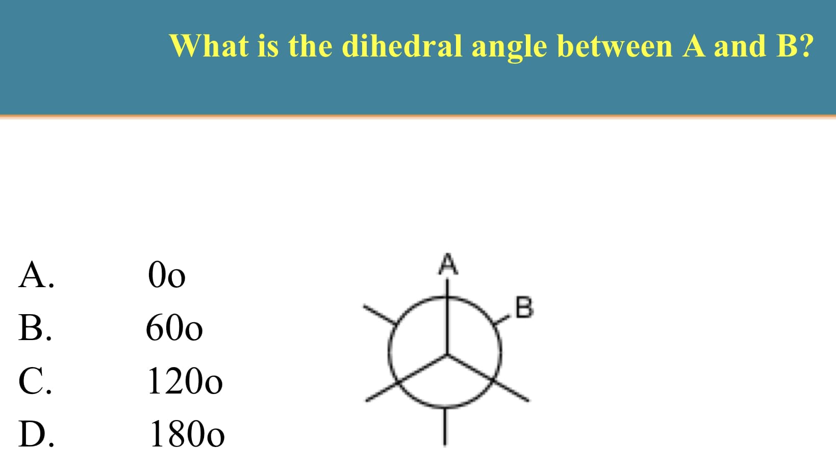 What is the dihedral angle between A and B?
А.
0Oo
A
.B
В.
600
С.
120o
D.
180o
