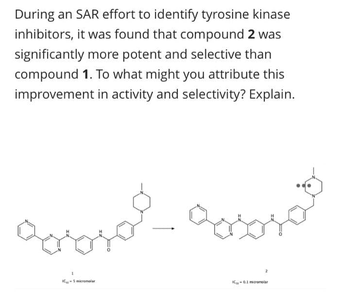 During an SAR effort to identify tyrosine kinase
inhibitors, it was found that compound 2 was
significantly more potent and selective than
compound 1. To what might you attribute this
improvement in activity and selectivity? Explain.
IC-5 micromolar
IC-0.1 mromolar
