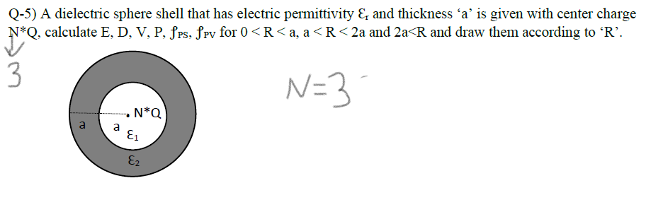 Q-5) A dielectric sphere shell that has electric permittivity & and thickness 'a' is given with center charge
N*Q, calculate E, D, V, P, ƒps, ſpy for 0<R< a, a<R<2a and 2a<R and draw them according to 'R'.
3
N=3
- N*Q
a
a
E1
E2
