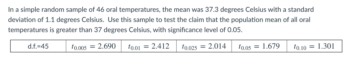 In a simple random sample of 46 oral temperatures, the mean was 37.3 degrees Celsius with a standard
deviation of 1.1 degrees Celsius. Use this sample to test the claim that the population mean of all oral
temperatures is greater than 37 degrees Celsius, with significance level of 0.05.
d.f.=45
to.005 = 2.690
to.01 = 2.412
to.025
2.014
to.05 = 1.679
to.10
= 1.301
