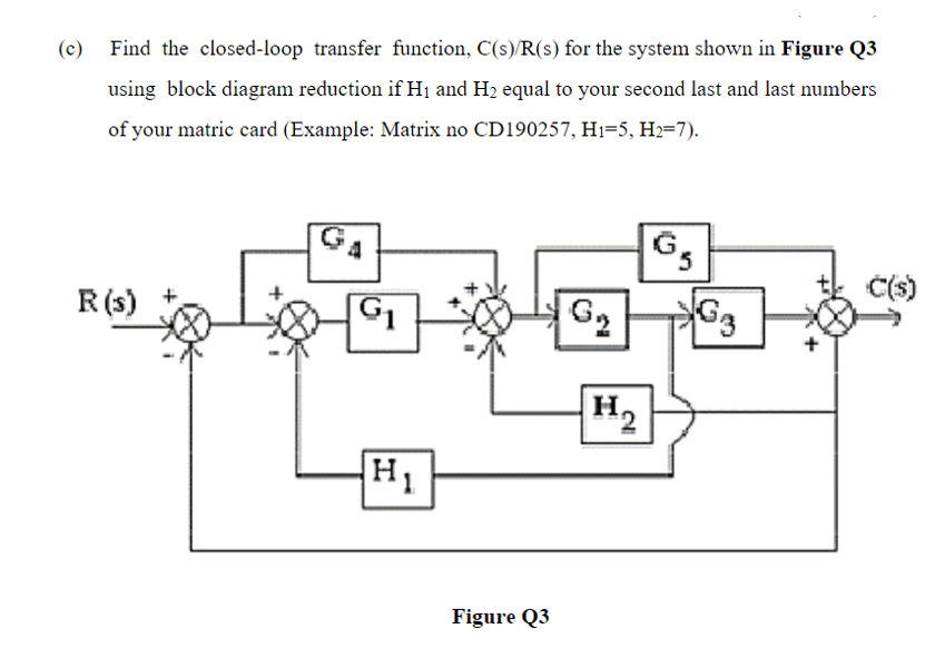 (c)
Find the closed-loop transfer function, C(s)/R(s) for the system shown in Figure Q3
using block diagram reduction if H1 and H2 equal to your second last and last numbers
of your matric card (Example: Matrix no CD190257, H1=5, H2=7).
R(s)
G1
G2
H2
H1
Figure Q3
