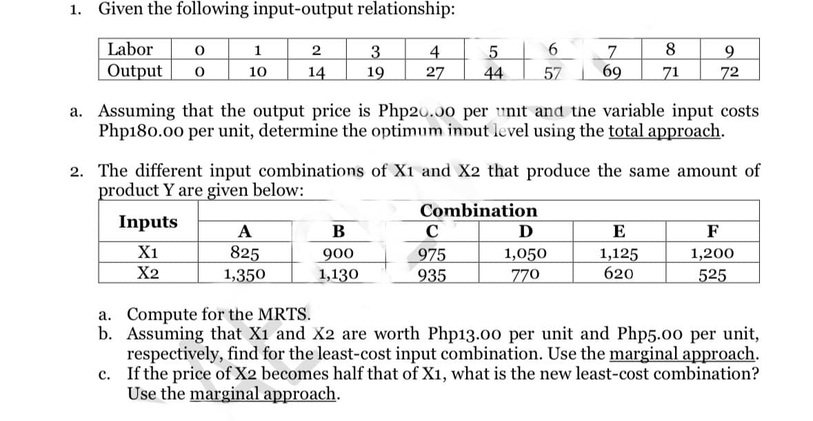 1. Given the following input-output relationship:
O
Labor
Output O
1
10
Inputs
X1
X2
2
14
A
825
1,350
3
19
4
5
27 44
a. Assuming that the output price is Php20.00 per unit and the variable input costs
Php180.00 per unit, determine the optimum innut level using the total approach.
B
900
1,130
2. The different input combinations of X1 and X2 that produce the same amount of
product Y are given below:
Combination
6
7
8
57 69 71
C
975
935
9
72
D
1,050
770
E
1,125
620
F
1,200
525
a. Compute for the MRTS.
b. Assuming that X1 and X2 are worth Php13.00 per unit and Php5.00 per unit,
respectively, find for the least-cost input combination. Use the marginal approach.
If the price of X2 becomes half that of X1, what is the new least-cost combination?
Use the marginal approach.
c.