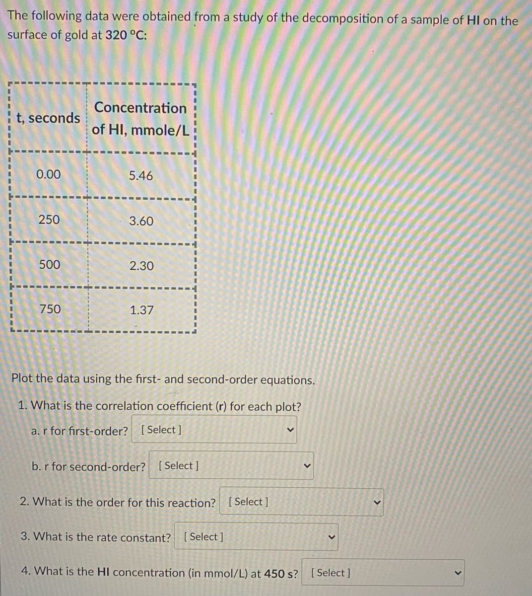 The following data were obtained from a study of the decomposition of a sample of HI on the
surface of gold at 320 °C:
Concentration
t, seconds
of HI, mmole/L
0.00
5.46
250
3.60
500
2.30
750
1.37
Plot the data using the first- and second-order equations.
1. What is the correlation coefficient (r) for each plot?
a. r for first-order? [Select]
b. r for second-order? [Select]
2. What is the order for this reaction? [Select]
3. What is the rate constant? [Select]
4. What is the HI concentration (in mmol/L) at 450 s? [Select]