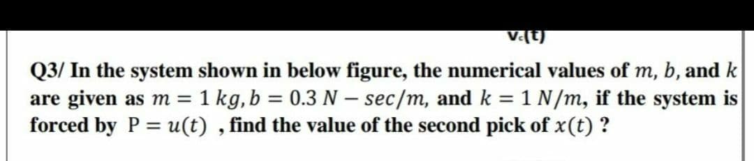 V.(t)
Q3/ In the system shown in below figure, the numerical values of m, b, and k
are given as m = 1 kg,b = 0.3 N – sec/m, and k = 1 N/m, if the system is
forced by P = u(t) , find the value of the second pick of x(t) ?
%3D
