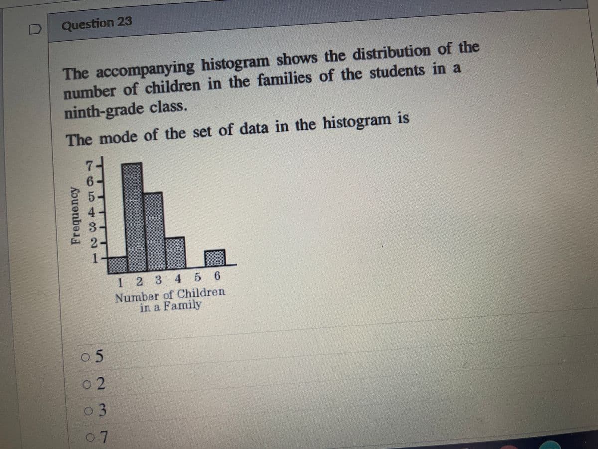 Question 23
The accompanying histogram shows the distribution of the
number of children in the families of the students in a
ninth-grade class.
The mode of the set of data in the histogram is
4-
2-
1.
123 4 5 6
Number of Children
in a Family
02
03
07
Frequency
