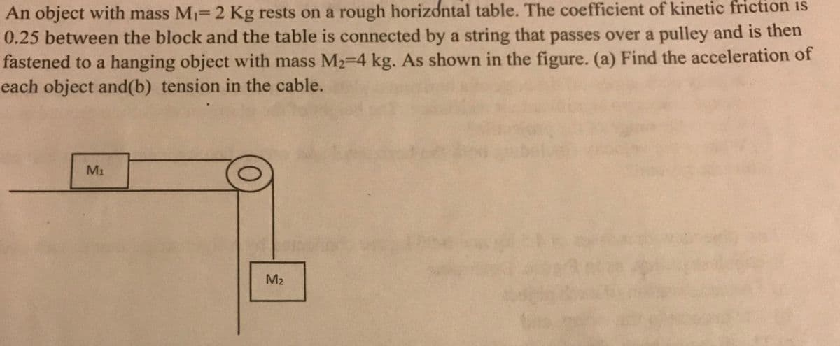 An object with mass M1= 2 Kg rests on a rough horizdntal table. The coefficient of kinetic friction is
0.25 between the block and the table is connected by a string that passes over a pulley and is then
fastened to a hanging object with mass M2=4 kg. As shown in the figure. (a) Find the acceleration of
each object and(b) tension in the cable.
M1
M2
