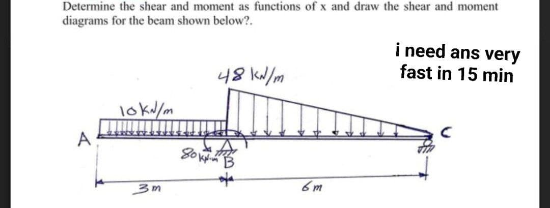 Determine the shear and moment as functions of x and draw the shear and moment
diagrams for the beam shown below?.
i need ans very
48 kN/m
fast in 15 min
10 kN/m
B
3m
A
80k
KN
6m
