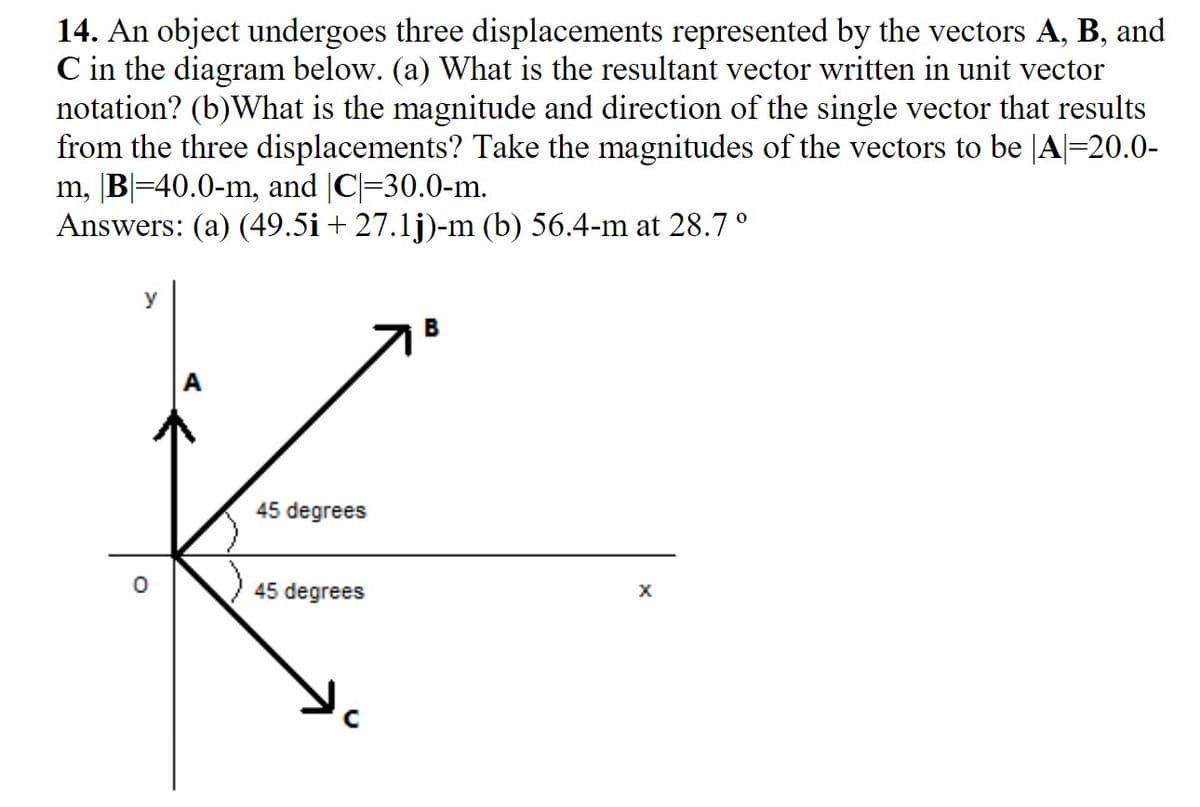 14. An object undergoes three displacements represented by the vectors A, B, and
C in the diagram below. (a) What is the resultant vector written in unit vector
notation? (b)What is the magnitude and direction of the single vector that results
from the three displacements? Take the magnitudes of the vectors to be |A|=20.0-
m, B|=40.0-m, and |C=30.0-m.
Answers: (a) (49.5i + 27.1j)-m (b) 56.4-m at 28.7 °
y
45 degrees
45 degrees
