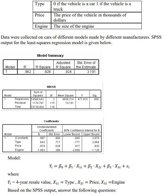 Model
1
Engine
Data were collected on cars of different models made by different manufacturers. SPSS
output for the least-squares regression model is given below.
Model
1
Model
1
R
.962
Regression
Residual
Total
(Constant)
Type
Price
Engine
Model:
Type
Price
Model Summary
R Square
.926
0 if the vehicle is a car 1 if the vehicle is a
truck
The price of the vehicle in thousands of
dollars
The size of the engine
Sum of
Squares df
14568.642
3
1170.761 115
15739.404 118
B
ANOVA
897
643
.874
-1.893
Adjusted
R Square
.924
Unstandardized
Coefficients
Coefficients
Mean Square
Std. Error
,900
717
.028
.386
Std. Error of
the Estimate
3.191
F
Sig
4856.214 477.010 .000
10.181
95% Confidence Interval for B
Lower Bound Upper Bound
-.885
2.679
2.064
930
-1.129
-.777
.817
-2.658
Y₁ = Bo + B₁ X₁1 + B₂ X2i + B3 X31 + Ei
where
Y₁ = 4-year resale value, X₁1 = Type, X₂i = Price, X31 = Engine
Based on the SPSS output, answer the following questions: