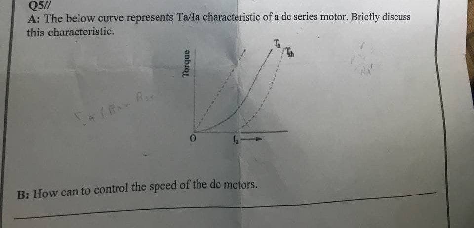 Q5//
A: The below curve represents Ta/la characteristic of a dc series motor. Briefly discuss
this characteristic.
B: How can to control the speed of the de motors.
onbso

