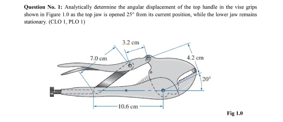 Question No. 1: Analytically determine the angular displacement of the top handle in the vise grips
shown in Figure 1.0 as the top jaw is opened 25° from its current position, while the lower jaw remains
stationary. (CLO 1, PLO 1)
3.2 cm
7.0 cm
4.2 cm
20°
10.6 cm
Fig 1.0
