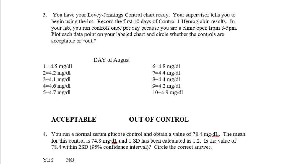 3. You have your Levey-Jennings Control chart ready. Your supervisor tells you to
begin using the lot. Record the first 10 days of Control 1 Hemoglobin results. In
your lab, you run controls once per day because you are a clinic open from 8-5pm.
Plot each data point on your labeled chart and circle whether the controls are
acceptable or “out."
DAY of August
1= 4.5 mg/dl
2=4.2 mg/dl
3=4.1 mg/dl
4=4.6 mg/dl
5=4.7 mg/dl
6=4.8 mg/dl
7=4.4 mg/dl
8=4.4 mg/dl
9=4.2 mg/dl
10=4.9 mg/dl
ACCEPTΑBLE
OUT OF CONTROL
4. You run a normal serum glucose control and obtain a value of 78.4 mg/dL. The mean
for this control is 74.8 mg/dL and 1 SD has been calculated as 1.2. Is the value of
78.4 within 2SD (95% confidence interval)? Circle the correct answer.
YES
NO
