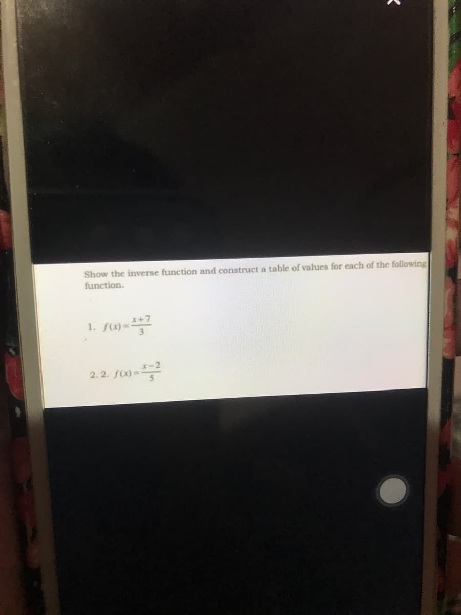 Show the inverse function and construct a table of values for each of the following
function.
*+7
1. f)=
2.2. fc) =2
