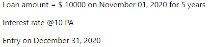 Loan amount = $ 10000 on November 01, 2020 for 5 years
Interest rate @10 PA
Entry on December 31, 2020
