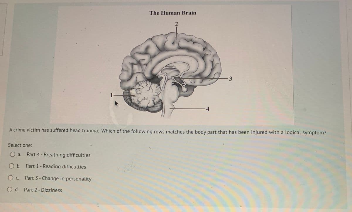 1
Select one:
O a. Part 4 - Breathing difficulties
O b.
Part 1 - Reading difficulties
O c.
Part 3 - Change in personality
O d. Part 2 - Dizziness
The Human Brain
2
—4
3
A crime victim has suffered head trauma. Which of the following rows matches the body part that has been injured with a logical symptom?