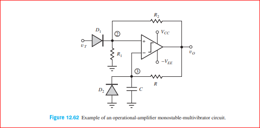 R,
UT
-VEg
Figure 12.62 Example of an operational-amplifier monostable-multivibrator circuit.
