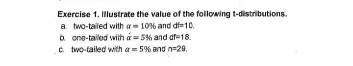 Exercise 1. Illustrate the value of the following t-distributions.
a. two-tailed with a = 10% and df=10.
b. one-tailed with a = 5% and df=18.
c. two-tailed with a = 5% and n=29.