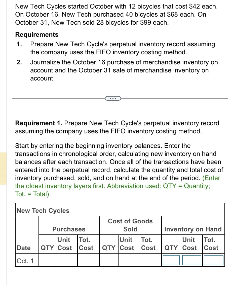 New Tech Cycles started October with 12 bicycles that cost $42 each.
On October 16, New Tech purchased 40 bicycles at $68 each. On
October 31, New Tech sold 28 bicycles for $99 each.
Requirements
Prepare New Tech Cycle's perpetual inventory record assuming
the company uses the FIFO inventory costing method.
1.
2.
Journalize the October 16 purchase of merchandise inventory on
account and the October 31 sale of merchandise inventory on
account.
Requirement 1. Prepare New Tech Cycle's perpetual inventory record
assuming the company uses the FIFO inventory costing method.
Start by entering the beginning inventory balances. Enter the
transactions in chronological order, calculating new inventory on hand
balances after each transaction. Once all of the transactions have been
entered into the perpetual record, calculate the quantity and total cost of
inventory purchased, sold, and on hand at the end of the period. (Enter
the oldest inventory layers first. Abbreviation used: QTY = Quantity;
Tot. = Total)
New Tech Cycles
Purchases
Unit
Tot.
Date QTY Cost Cost
Oct. 1
Cost of Goods
Sold
Unit Tot.
QTY Cost Cost
Inventory on Hand
Unit Tot.
QTY |Cost Cost