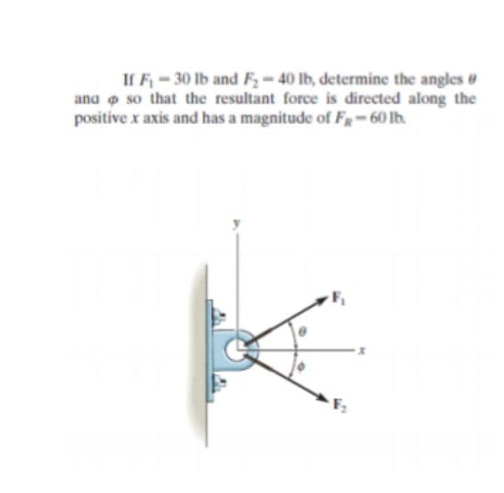 If F - 30 lb and F,– 40 lb, determine the angles
ana o so that the resultant force is directed along the
positive x axis and has a magnitude of Fg=60 lb.
