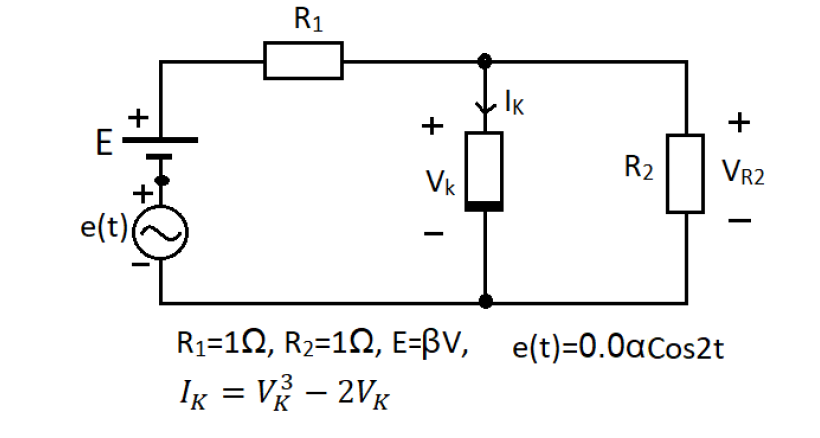 R1
IK
+
+
E
R2
VR2
Vk
e(t)
R1 10, R2-1Ω, E-βV , ett)-0.0αCos2t
Ig = V – 2Vx
%3D
