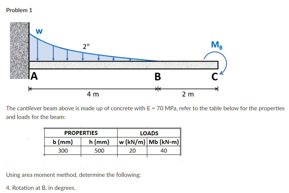Problem 1
W
MB
k
4 m
2 m
The cantilever beam above is made up of concrete with E = 70 MPa, refer to the table below for the properties
and loads for the beam:
PROPERTIES
LOADS
b (mm) h (mm) w (kN/m) Mb (kN-m)
300
500
20
40
Using area moment method, determine the following:
4. Rotation at B, in degrees.
A
2°
B
*