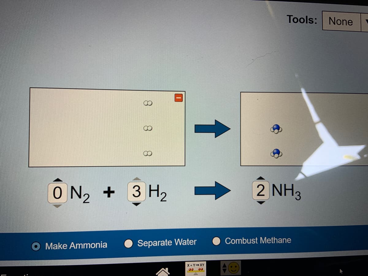 Tools: None
ON2
+ 3 H2
2 NH3
Combust Methane
Make Ammonia
Separate Water
X+Y+XY
8.
