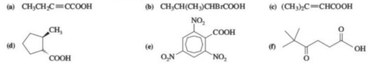 (a) CH;CHC=CCOOH
(b) CH;CH(CH)CHB:COOH
(c) (CH3)½C=CHCOOH
NO,
CH,
„COOH
(d)
(e)
OH
COOH
O,N
`NO,
