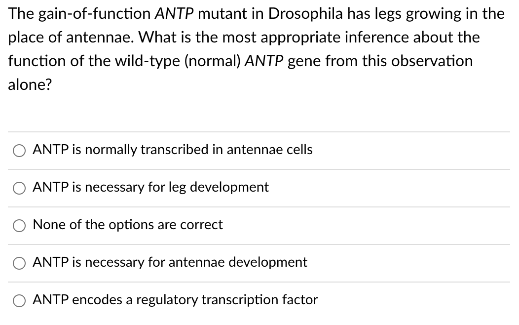 The gain-of-function ANTP mutant in Drosophila has legs growing in the
place of antennae. What is the most appropriate inference about the
function of the wild-type (normal) ANTP gene from this observation
alone?
ANTP is normally transcribed in antennae cells
ANTP is necessary for leg development
None of the options are correct
ANTP is necessary for antennae development
ANTP encodes a regulatory transcription factor
