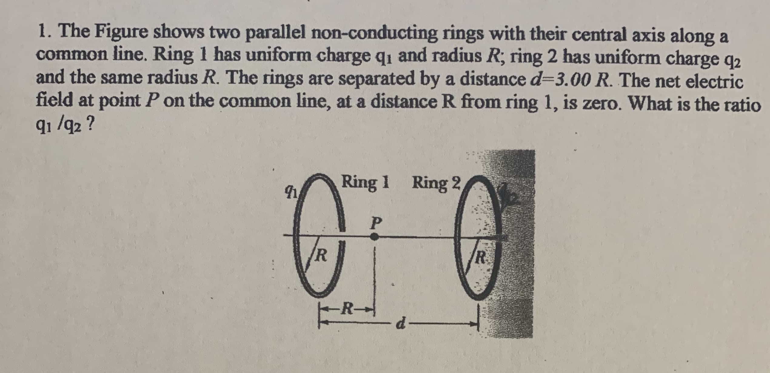 1. The Figure shows two parallel non-conducting rings with their central axis along a
common line. Ring 1 has uniform charge q1 and radius R; ring 2 has uniform charge q2
and the same radius R. The rings are separated by a distance d=3.00 R. The net electric
field at point P on the common line, at a distance R from ring 1, is zero. What is the ratio
91 /q2 ?
Ring 2
Ring 1
/R
R.
