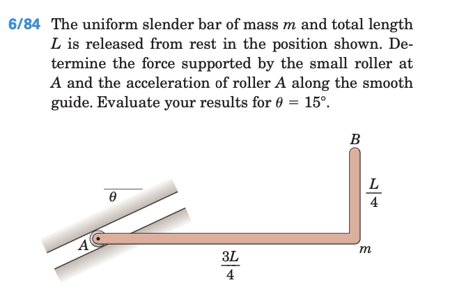 The uniform slender bar of mass m and total length
L is released from rest in the position shown. De-
termine the force supported by the small roller at
A and the acceleration of roller A along the smooth
guide. Evaluate your results for 0 = 15°.
