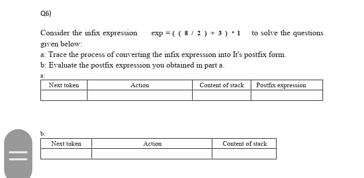 Q6)
Consider the infix expression
exp = ( ( 8 / 2 ) + 3 ) * 1 to solve the questions
given below:
a: Trace the process of converting the infix expression into It's postfix form.
b: Evaluate the postfix expression you obtained in part a.
а:
Content of stack Postfix expression
Next token
Action
b:
Next token
Action
Content of stack
