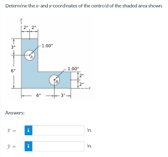 Determine the x- and y-coordinates of the centroid of the shaded area shown.
3"
6"
Answers:
X =
y
2", 2"
||
i
i
-1.00"
6"
FB
3".
1.00"
2"
2"
-x
in.
in.
