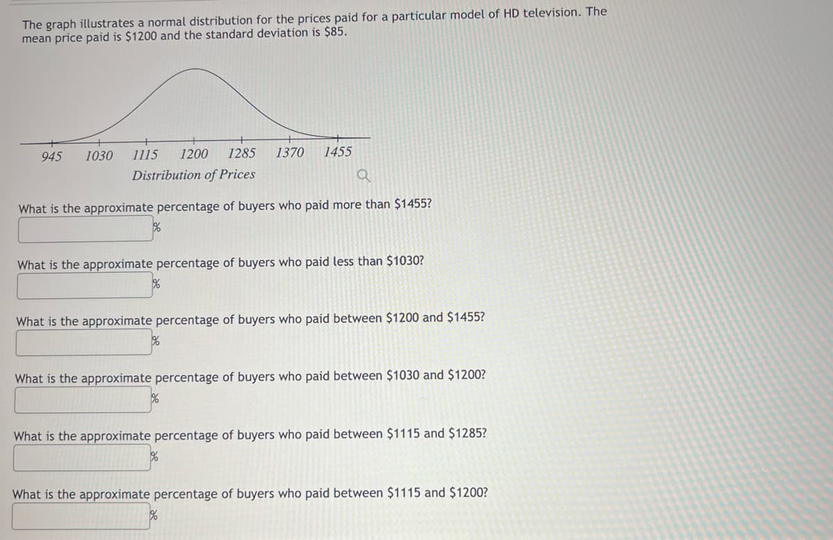 The graph illustrates a normal distribution for the prices paid for a particular model of HD television. The
mean price paid is $1200 and the standard deviation is $85.
1115 1200 1285 1370 1455
Distribution of Prices
Q
What is the approximate percentage of buyers who paid more than $1455?
945 1030
%
What is the approximate percentage of buyers who paid less than $1030?
What is the approximate percentage of buyers who paid between $1200 and $1455?
What is the approximate percentage of buyers who paid between $1030 and $1200?
What is the approximate percentage of buyers who paid between $1115 and $1285?
%
What is the approximate percentage of buyers who paid between $1115 and $1200?