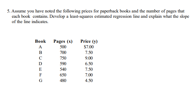 5. Assume you have noted the following prices for paperback books and the number of pages that
each book contains. Develop a least-squares estimated regression line and explain what the slope
of the line indicates.
Вook
Pages (x)
Price (y)
A
500
$7.00
в
700
7.50
750
9.00
D
590
6.50
540
7.50
F
650
7.00
G
480
4.50
